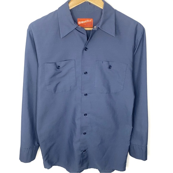 Vintage Workwear Men’s Steel Blue Long Sleeve Button Down Work Shirt Made In USA - Picture 1 of 4